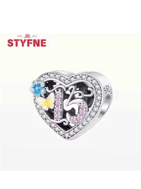 STYFNE Jewelry - Sterling Silver 925 Heart '”15” Birthday Charm with Pink Crystals & Blue Flower